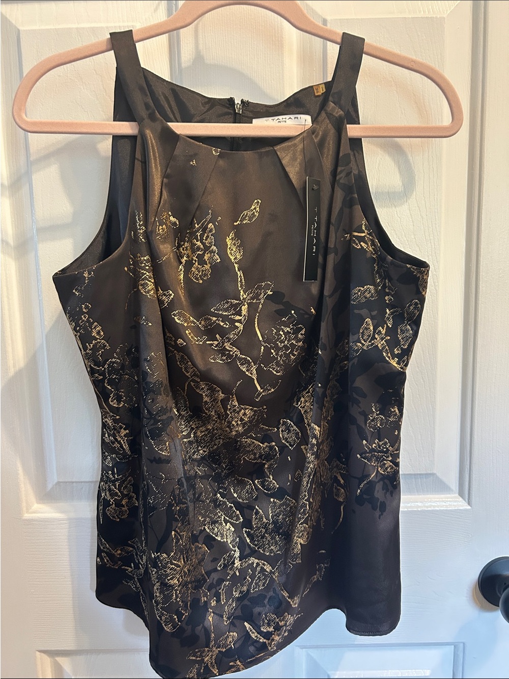 Tahari Brown and Gold Floral Satin Sleeveless Top
